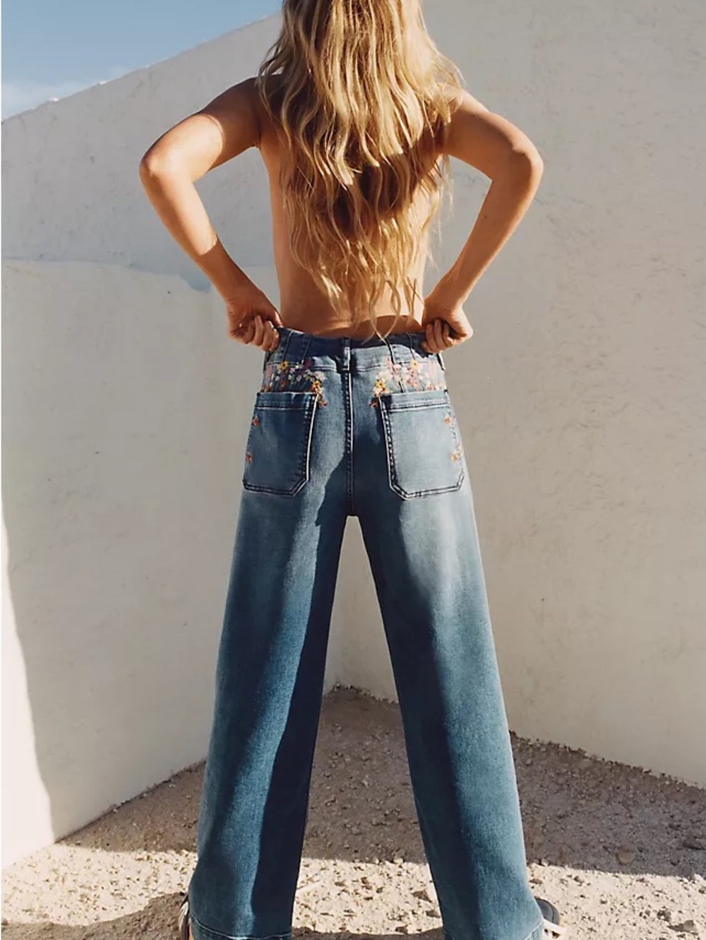 🌸DARLING Maeve Light Blue Denim Jeans with Multicolor Floral Embroidery - Picture 2 of 15